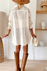 Lace Crochet Collared Neck Oversized Shirt OutfitFlow